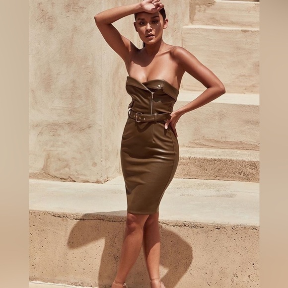 House of CB Jocelyn Olive Green Strapless Faux Leather Bodycon Dress Women
